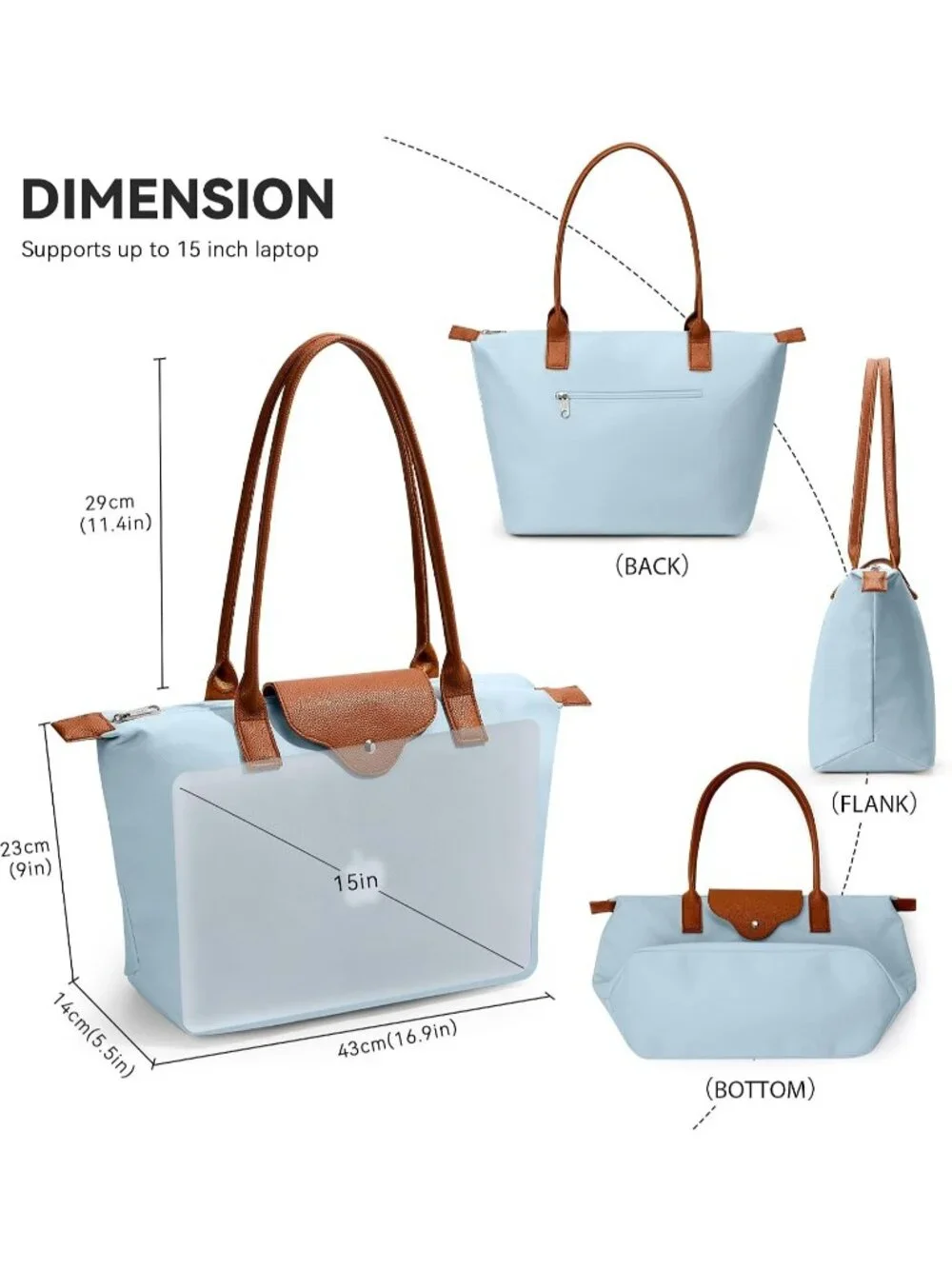 👜Women's Sky Blue Nylon Tote Bag Large Capacity Shoulder Handbag With Zipper